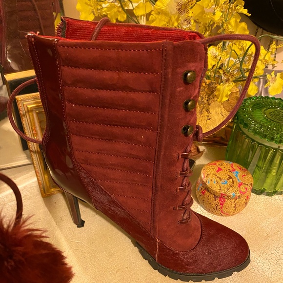 Multi-Fabric Burgundy Boots - Picture 2 of 12
